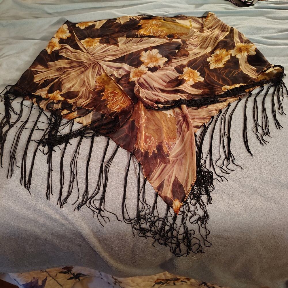 Boho Floral Triangle Scarf – Browns & Tans with Dark Tassels